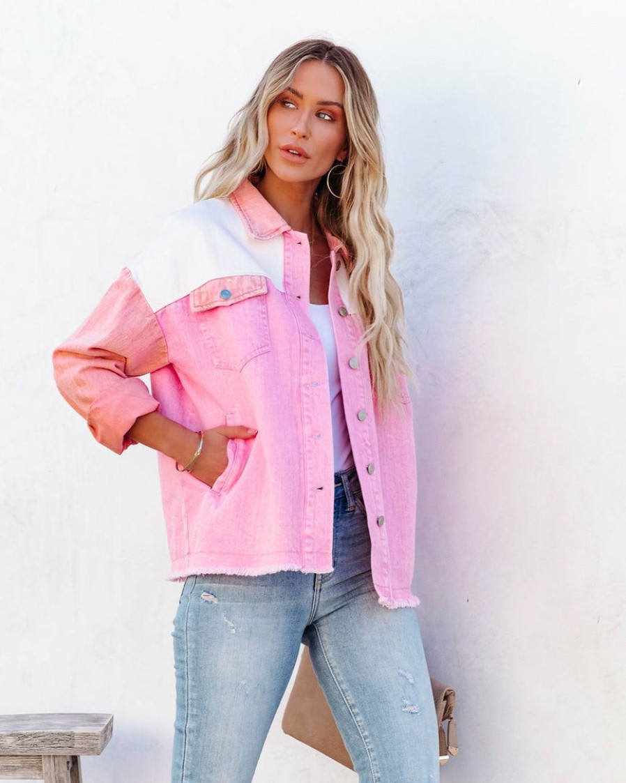 Clothing * | Entr-001 Cavin Pocketed Colorblock Denim Jacket Pink Combo Final Sale The Denim Shop