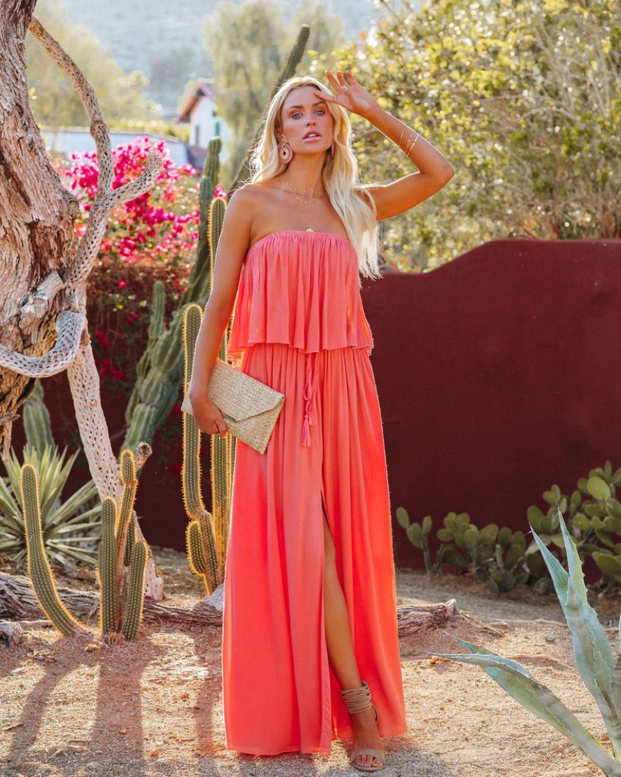 Clothing * | Must-001 The Vacation Shop Positive Energy Strapless Maxi Dress Coral Final Sale