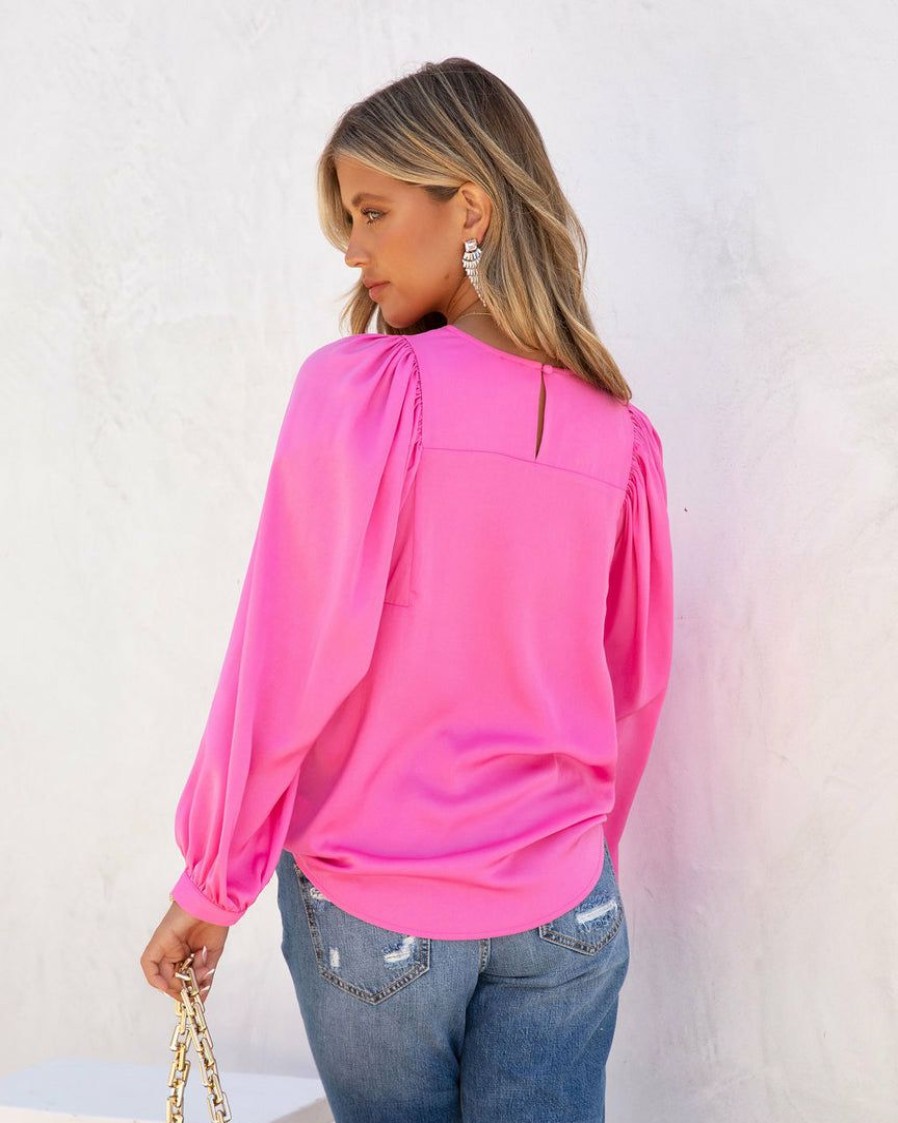 Clothing * | Flaw-001 Bejeweled Satin Long Sleeve Blouse Pink