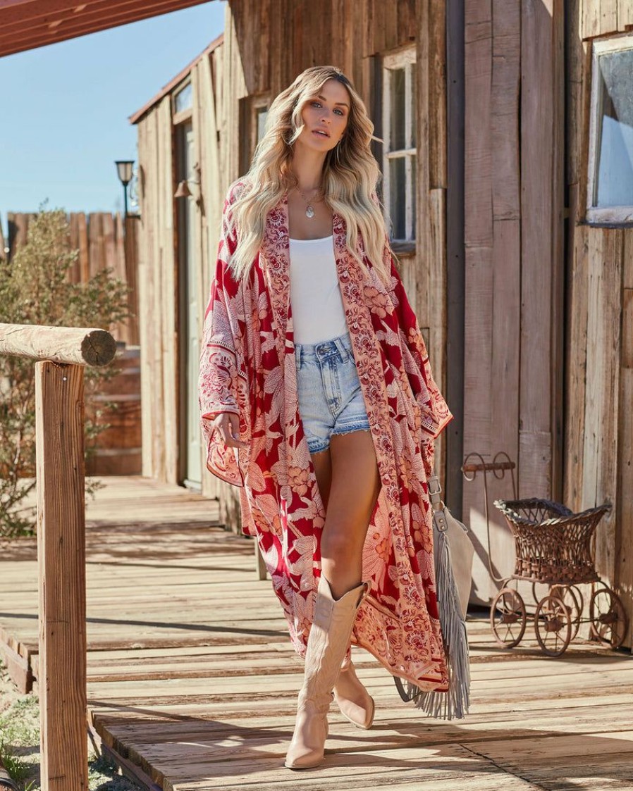 Clothing * | Z&L-001 Those Who Wander Floral Duster Kimono Burgundy