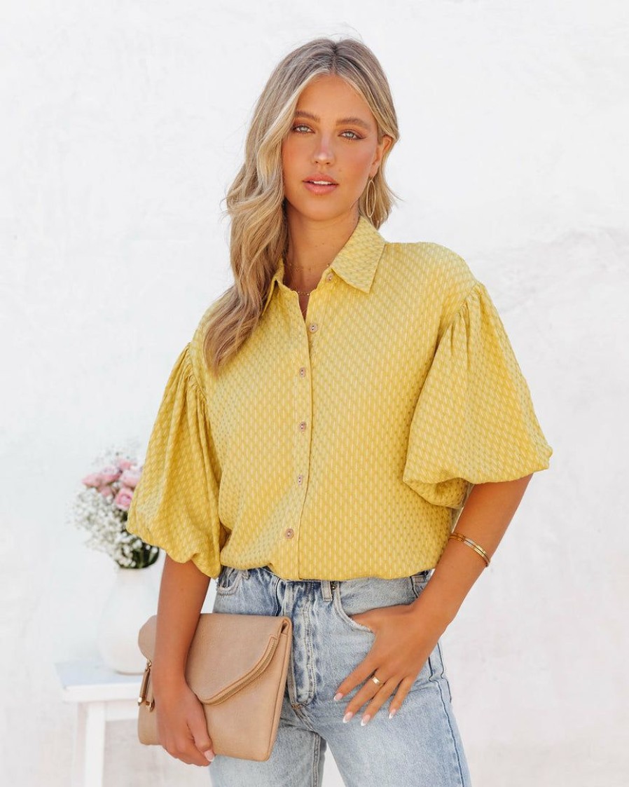 Clothing * | Aeom-001 Gracyn Woven Puff Sleeve Button Down Top Honey Final Sale