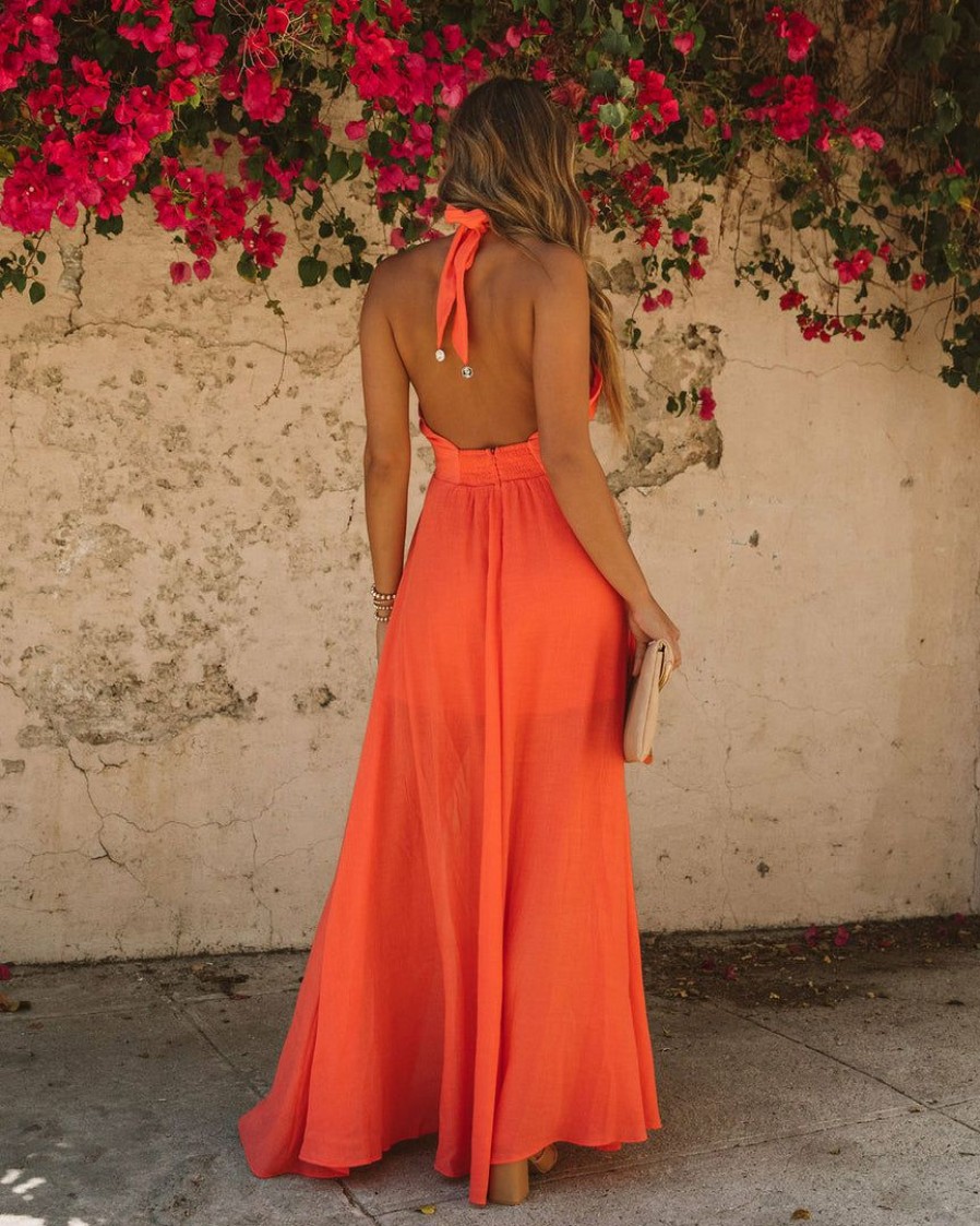 Clothing * | A.Peach The Vacation Shop Daffy Backless Halter Maxi Dress Coral Final Sale