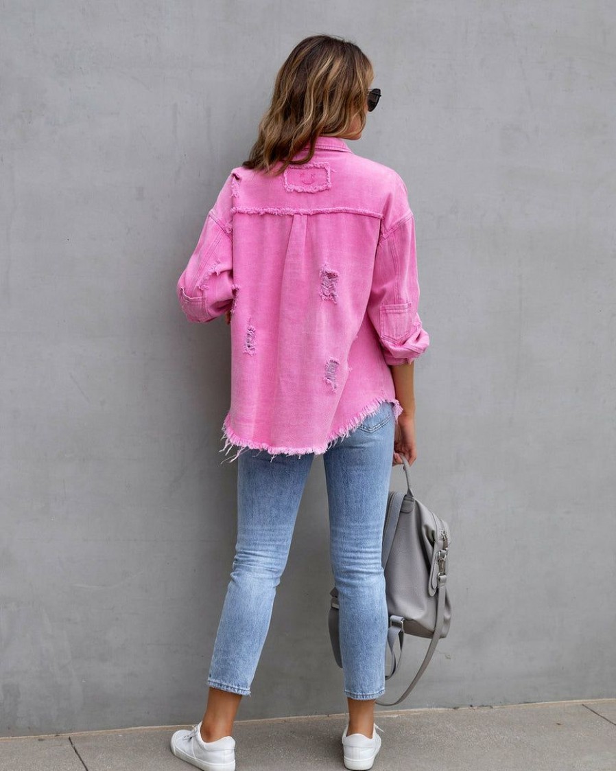 Clothing * | Pol-001 Butler Cotton Distressed Shacket Pink The Denim Shop