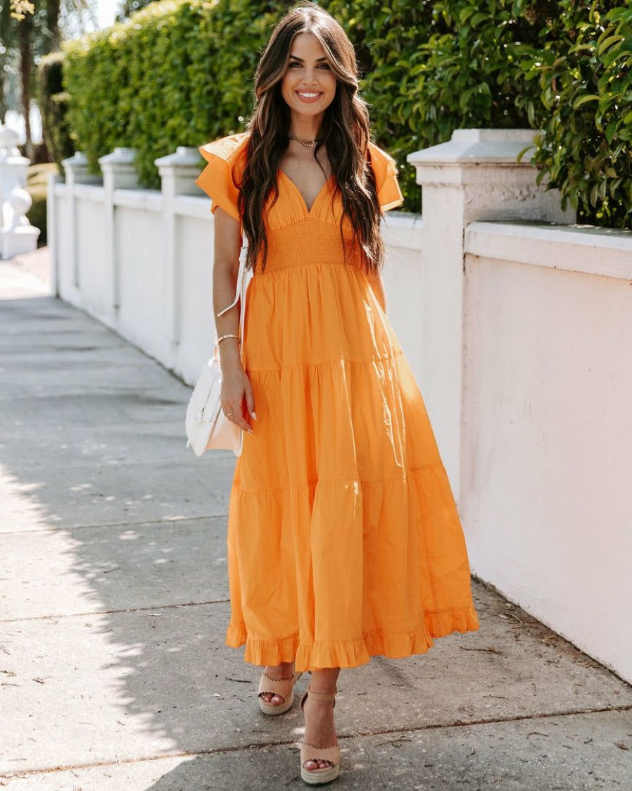 Clothing * | Dee-001 Tangie Cotton Tiered Midi Dress Orange Final Sale Dresses