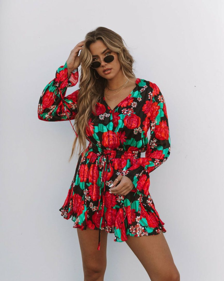 Clothing * | Suga-001 Rosebud Satin Floral Ruffle Romper Final Sale Rompers + Jumpsuits