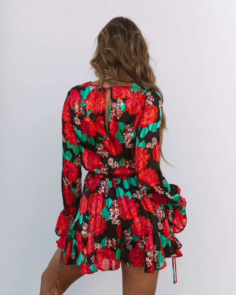 Clothing * | Suga-001 Rosebud Satin Floral Ruffle Romper Final Sale Rompers + Jumpsuits