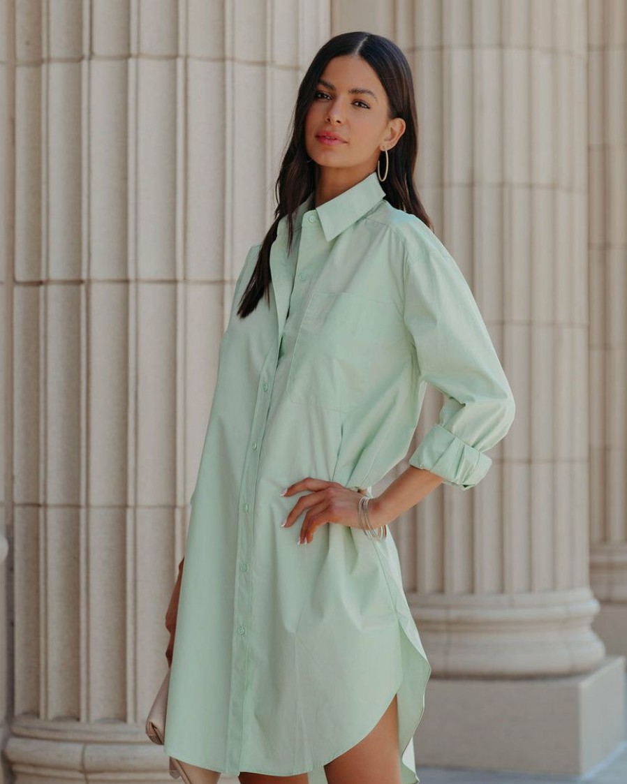 Clothing * | Endl-001 Dresses Harmony Cotton Button Down Shirt Dress Pistachio Final Sale