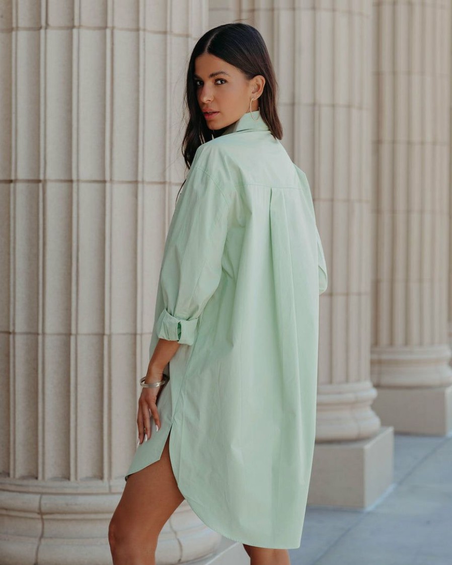 Clothing * | Endl-001 Dresses Harmony Cotton Button Down Shirt Dress Pistachio Final Sale