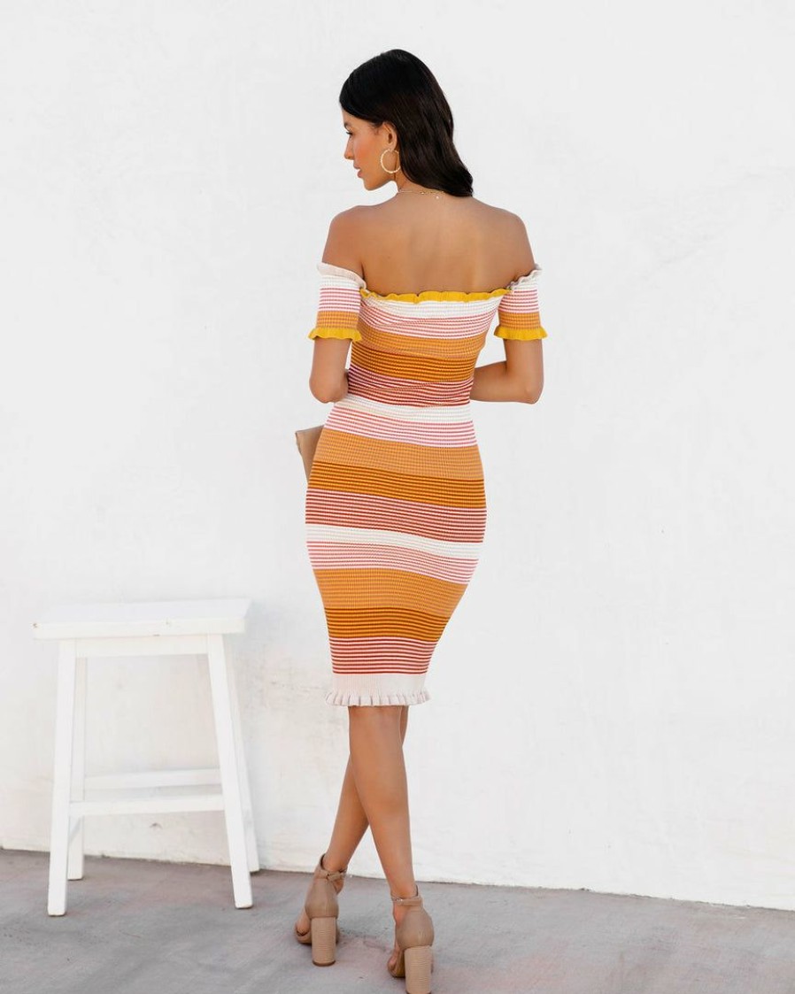 Clothing * | Dee-001 Dresses Paityn Cotton Blend Striped Off The Shoulder Midi Dress Orange Multi Final Sale