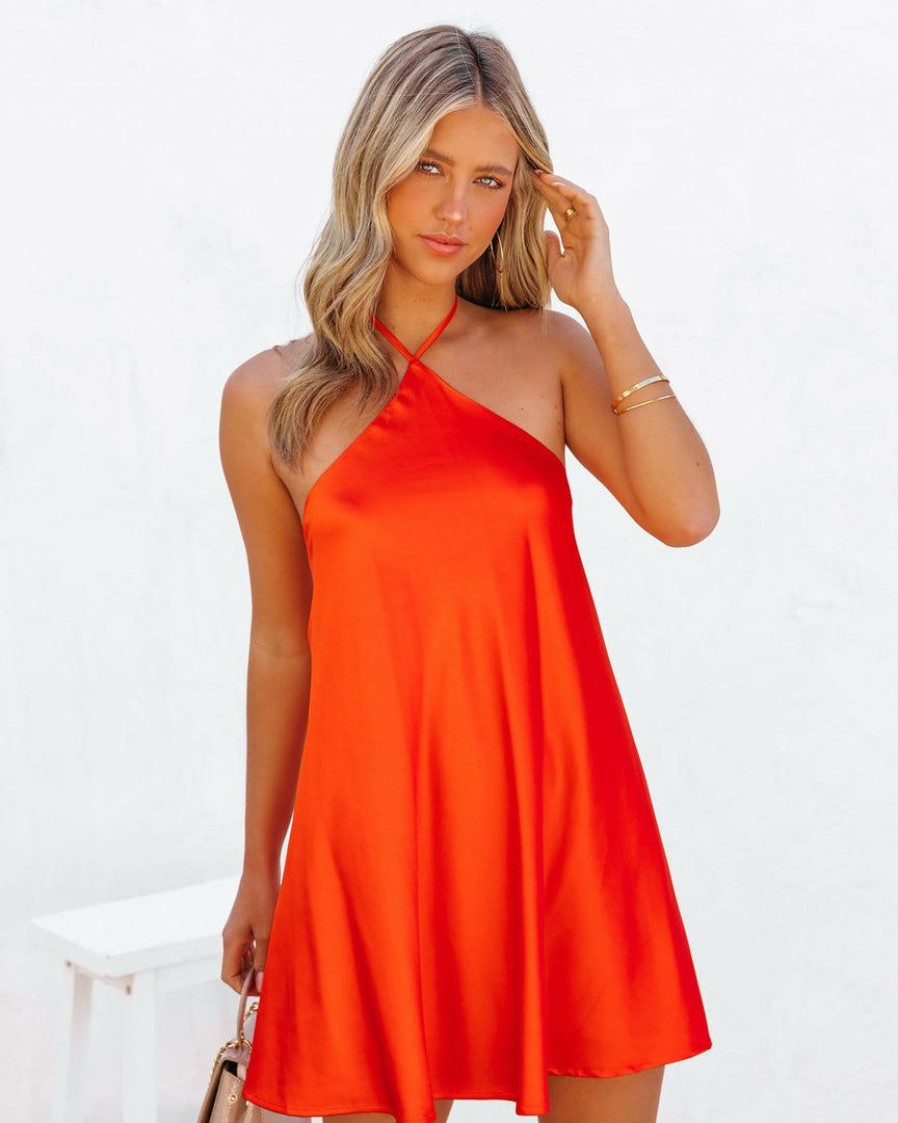 Clothing * | Skyl-002 Jesslyn Satin Halter Mini Dress Red Orange Final Sale