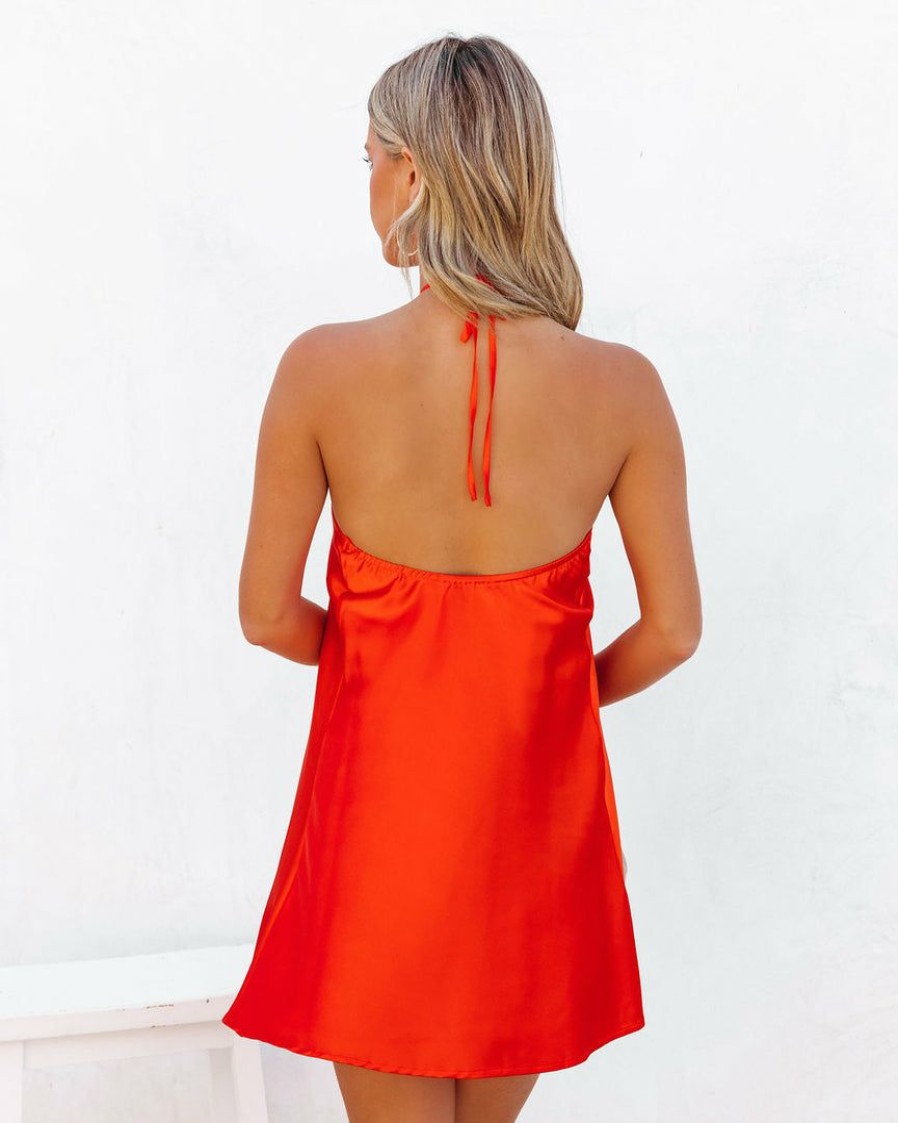 Clothing * | Skyl-002 Jesslyn Satin Halter Mini Dress Red Orange Final Sale