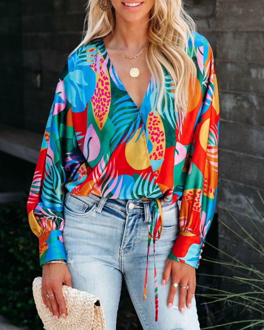 Clothing * | Dres-001 Tropical Frenzy Satin Drape Blouse Final Sale