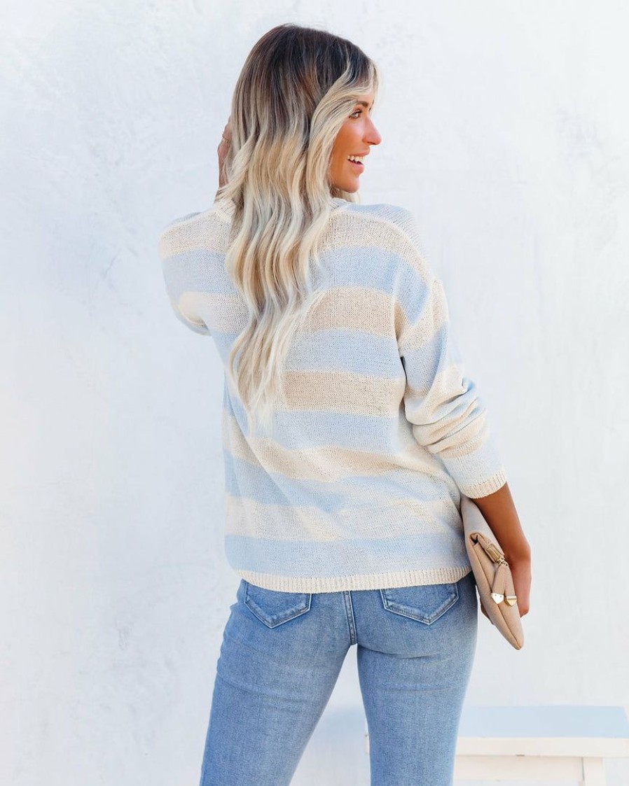 Clothing * | Tea-002 Vici Exclusives Curie Striped Lightweight Knit Sweater Ivory Blue Final Sale