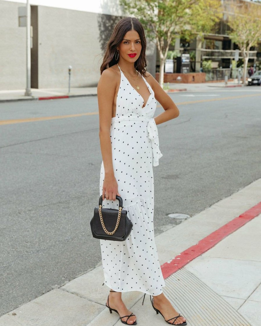 Clothing * | Oliv-001 Kira Polka Dot Halter Maxi Dress Final Sale