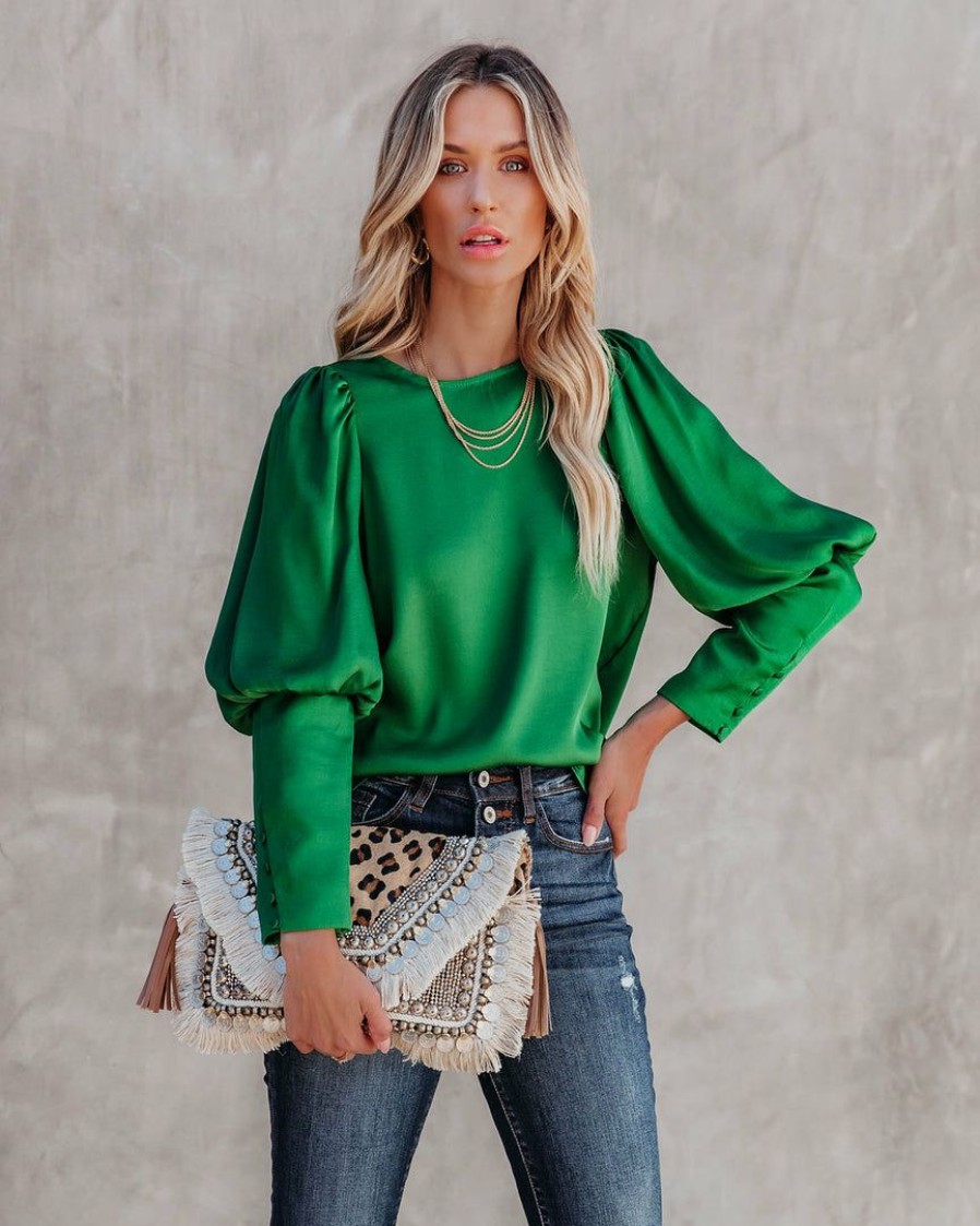 Clothing * | On T-001 Centerpiece Satin Statement Blouse Emerald