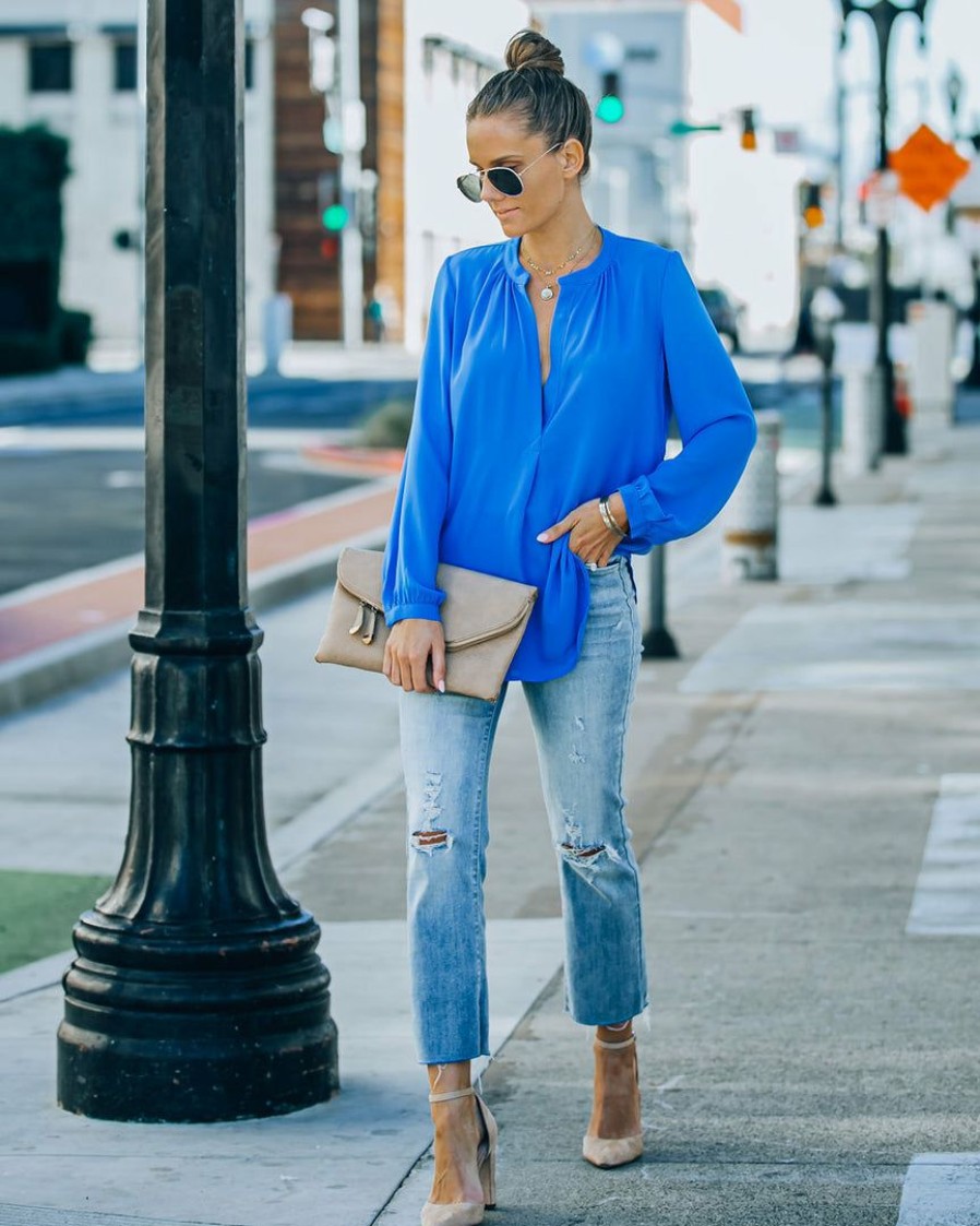 Clothing * | Oliv-001 To The Fullest Split Neck Blouse Royal Blue Final Sale Take Me To Miami