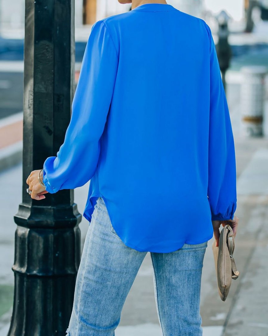 Clothing * | Oliv-001 To The Fullest Split Neck Blouse Royal Blue Final Sale Take Me To Miami