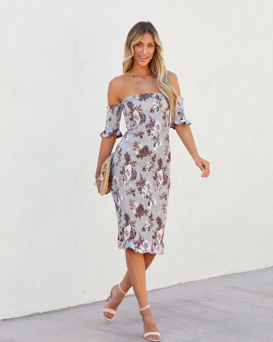 Clothing * | Dee-001 Brinkley Floral Off The Shoulder Smocked Midi Dress Dresses