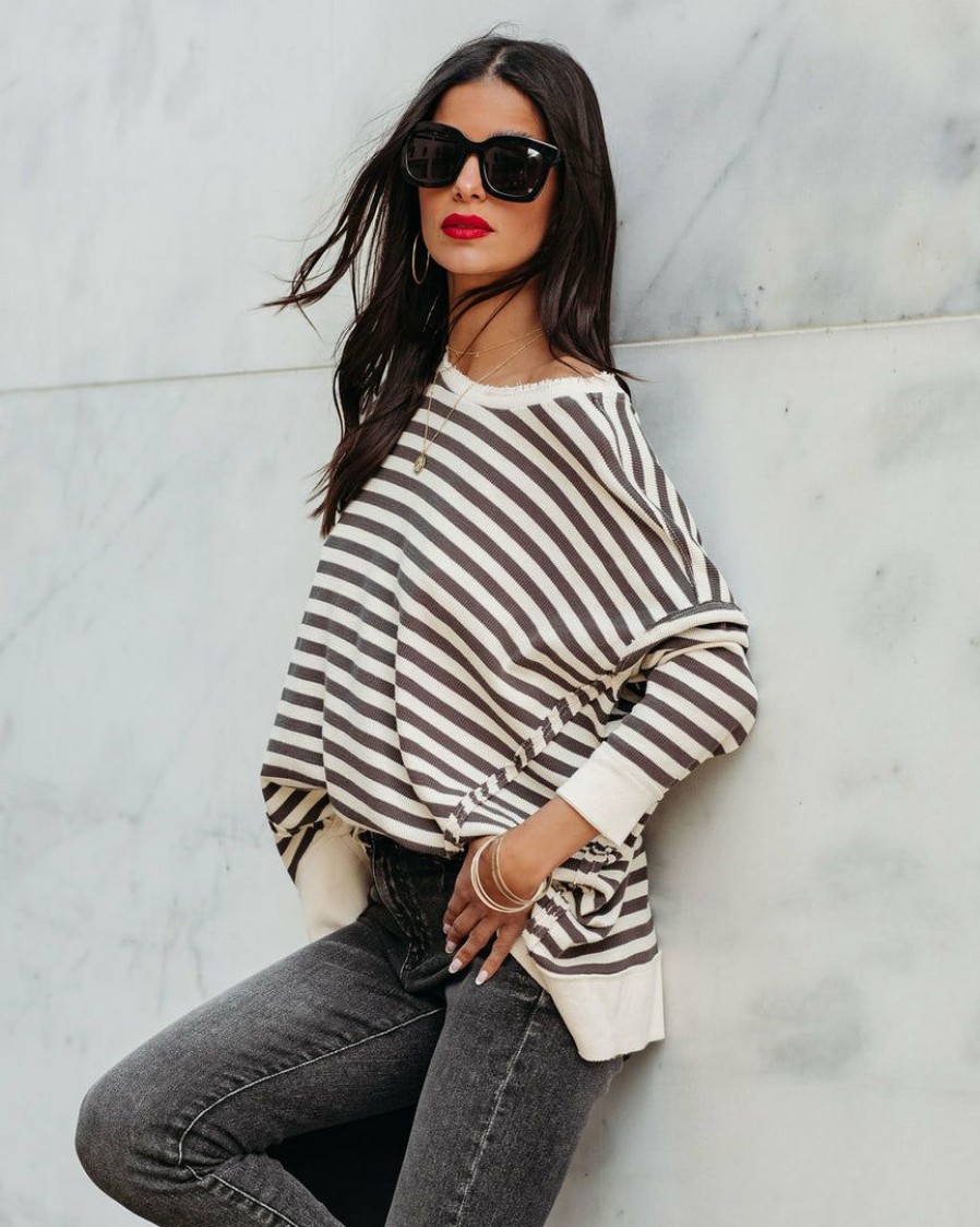 Clothing * | By T-001 Nora Cotton Distressed Striped Pullover Charcoal Cream Final Sale Everyday Essentials