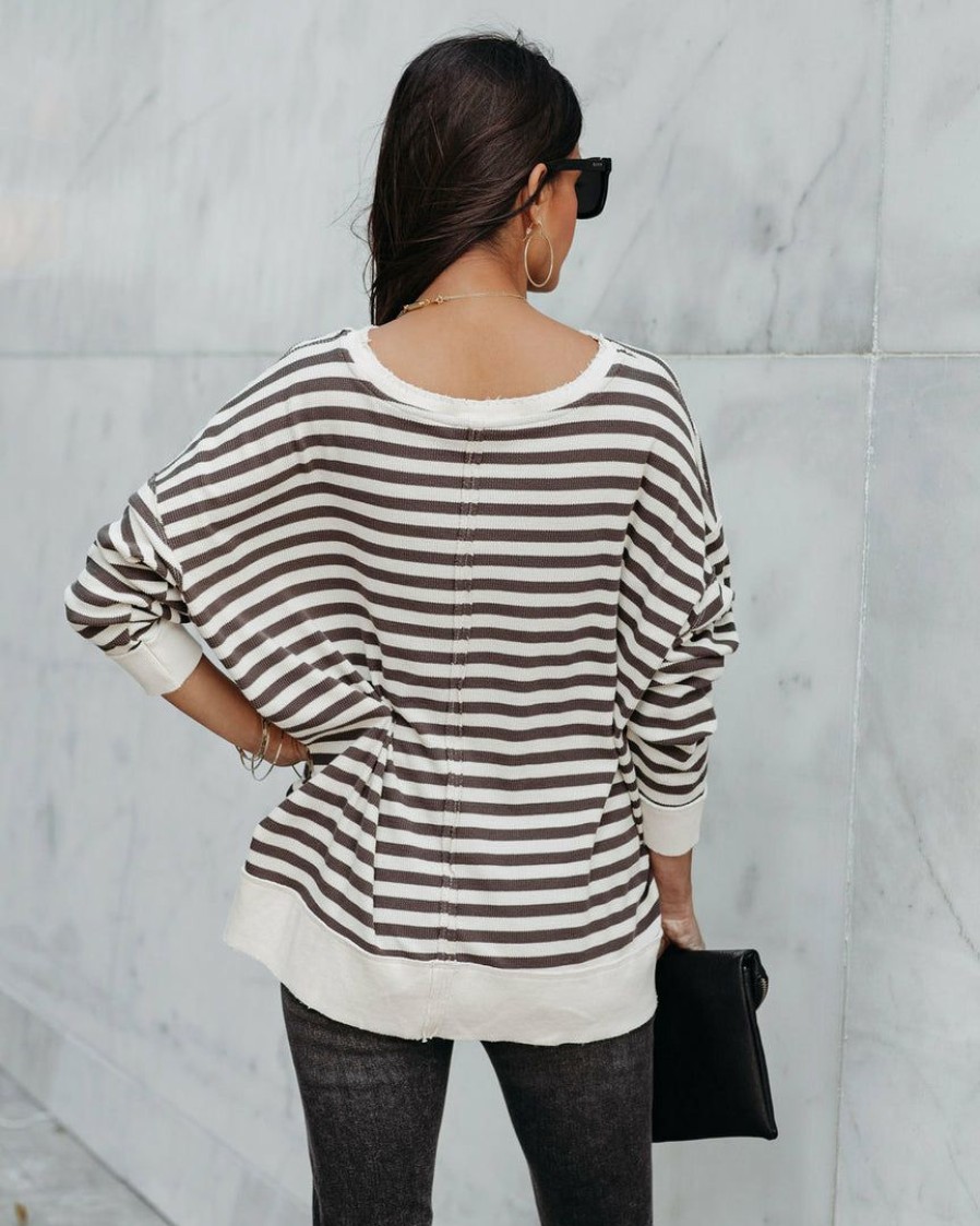 Clothing * | By T-001 Nora Cotton Distressed Striped Pullover Charcoal Cream Final Sale Everyday Essentials