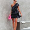 Clothing * | Endl-001 Radiance Ruffle One Shoulder Tiered Mini Dress Black Final Sale