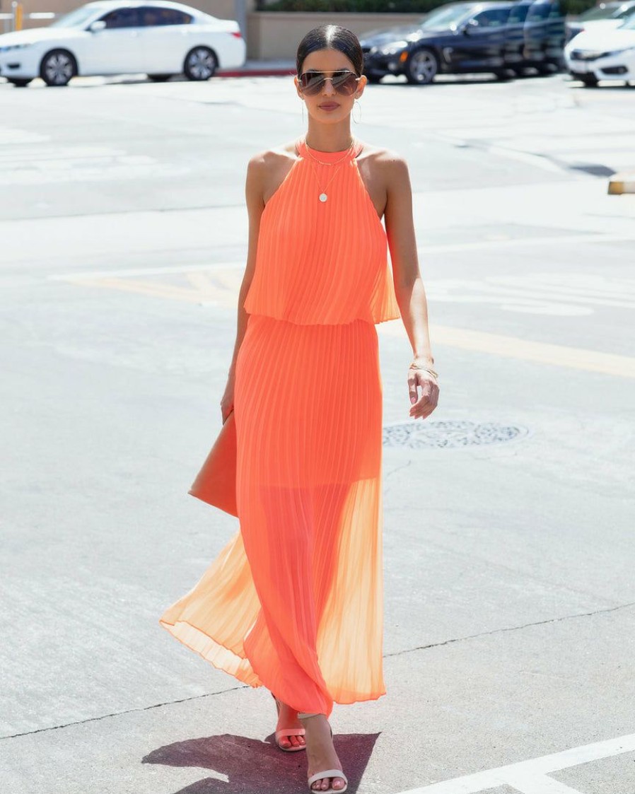 Clothing * | Skie-001 Take Me To Miami Calixta Halter Pleated Maxi Dress Neon Orange