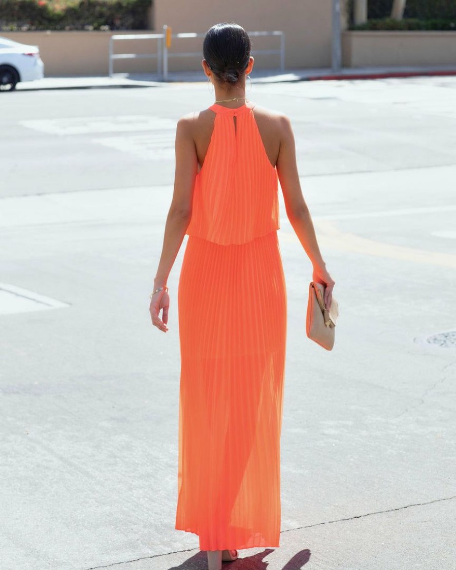 Clothing * | Skie-001 Take Me To Miami Calixta Halter Pleated Maxi Dress Neon Orange