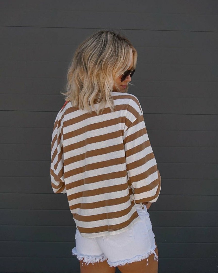 Clothing * | Buck-001 Morwenna Striped Long Sleeve Top Mocha Combo Tops