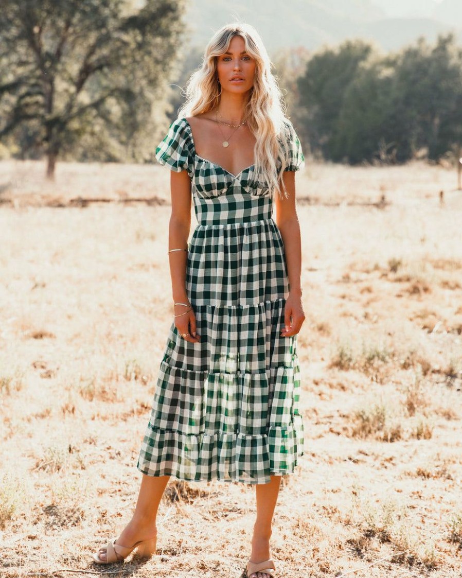 Clothing * | Mabl-001 Rye Puff Sleeve Gingham Midi Dress Hunter Green Final Sale