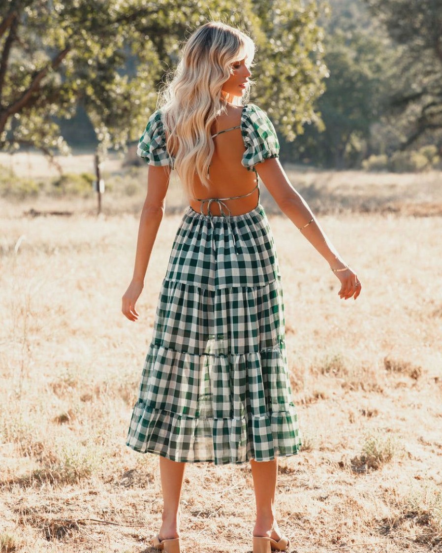 Clothing * | Mabl-001 Rye Puff Sleeve Gingham Midi Dress Hunter Green Final Sale