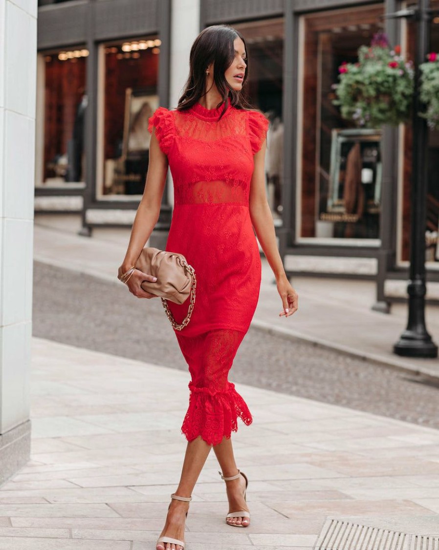 Clothing * | Endl-001 Take Me To Miami Saige Sheer Lace Midi Dress Red Final Sale