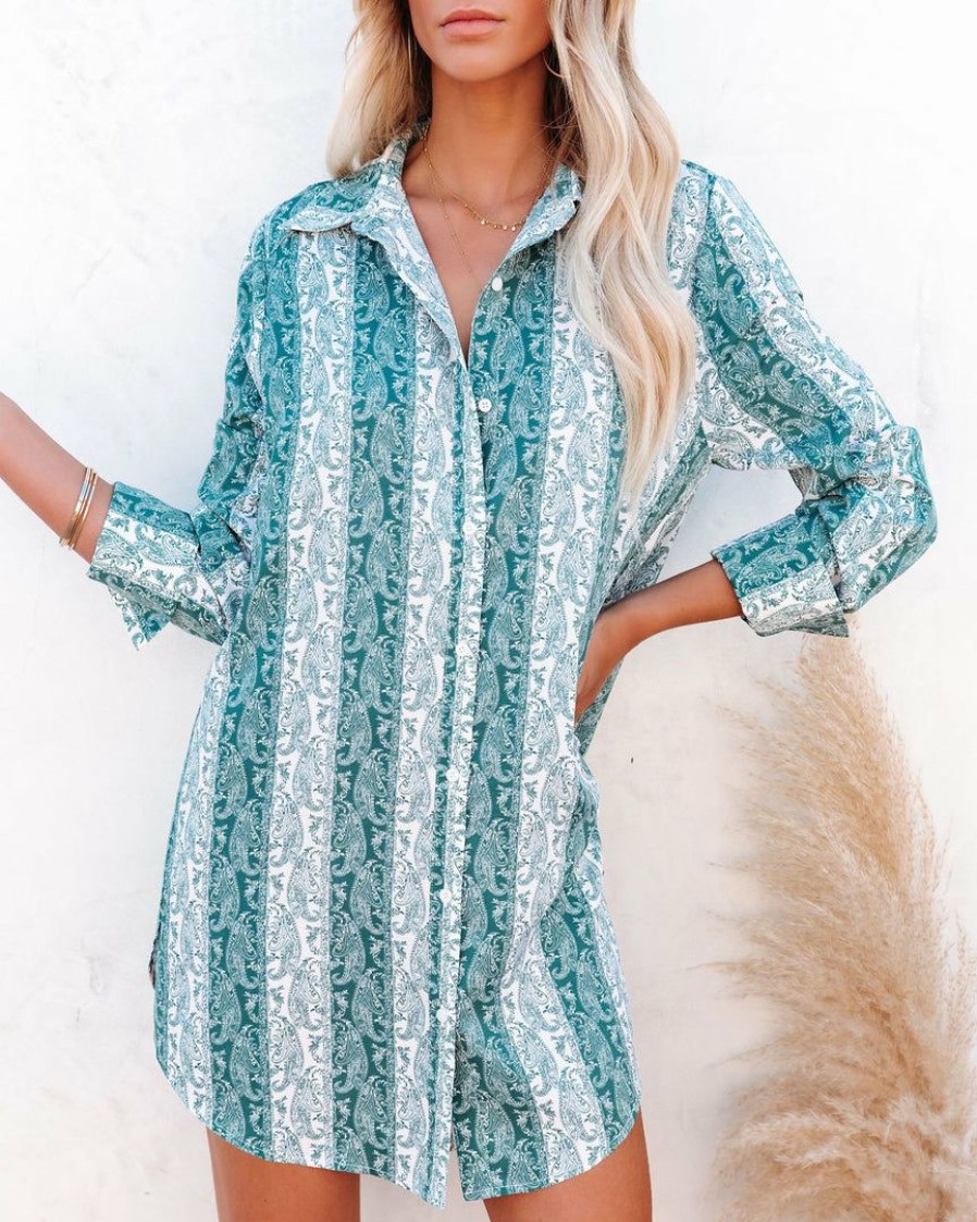 Clothing * | Acoa-001 The Vacation Shop Sailor Printed Button Down Tunic Jade Final Sale