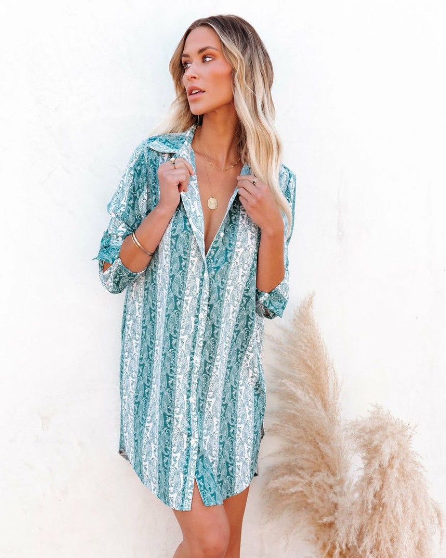 Clothing * | Acoa-001 The Vacation Shop Sailor Printed Button Down Tunic Jade Final Sale