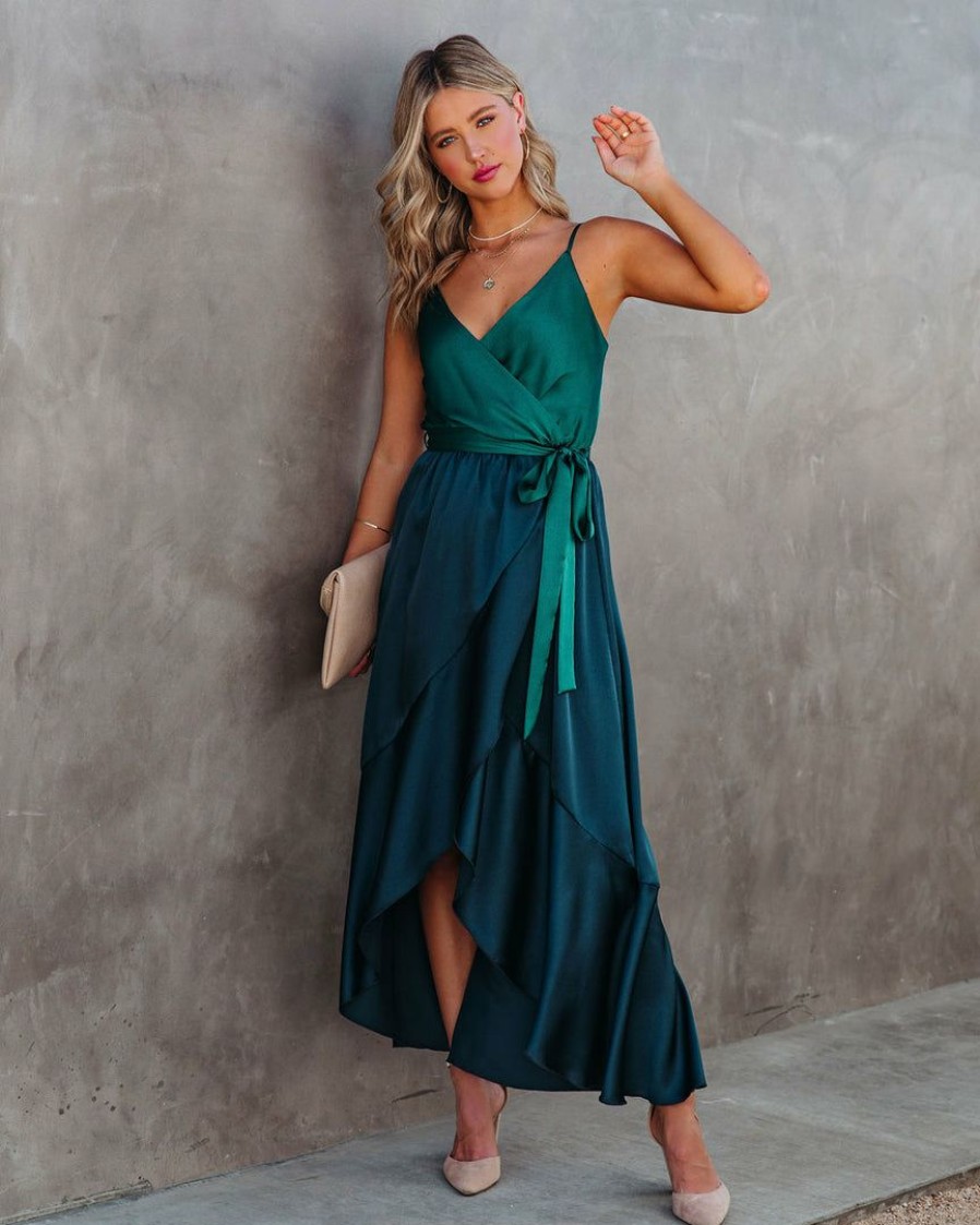 Clothing * | Tych-001 Ansley Satin Colorblock High Low Maxi Dress Green Navy Dresses