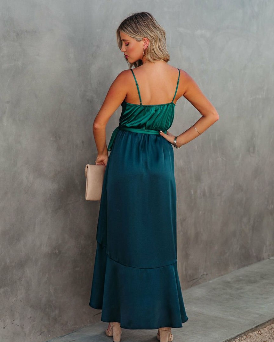 Clothing * | Tych-001 Ansley Satin Colorblock High Low Maxi Dress Green Navy Dresses