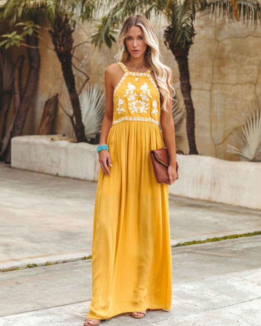 Clothing * | Enc-001 Take Me To Miami Club Tropicana Embroidered Maxi Dress Yellow