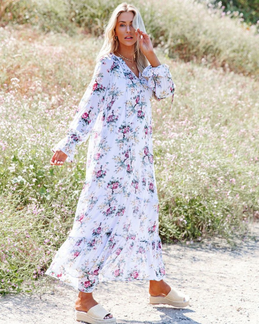 Clothing * | Fate-001 Bump Friendly Gracefully Yours Floral Chiffon Boho Maxi Dress Final Sale