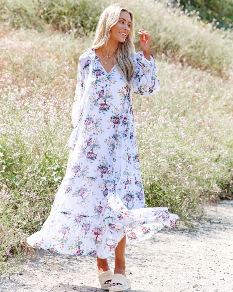 Clothing * | Fate-001 Bump Friendly Gracefully Yours Floral Chiffon Boho Maxi Dress Final Sale