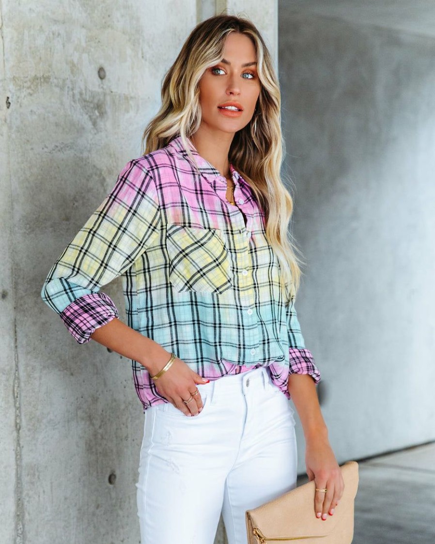 Clothing * | Stor-001 Arty Cotton Tie Dye Plaid Button Down Top Final Sale Tops