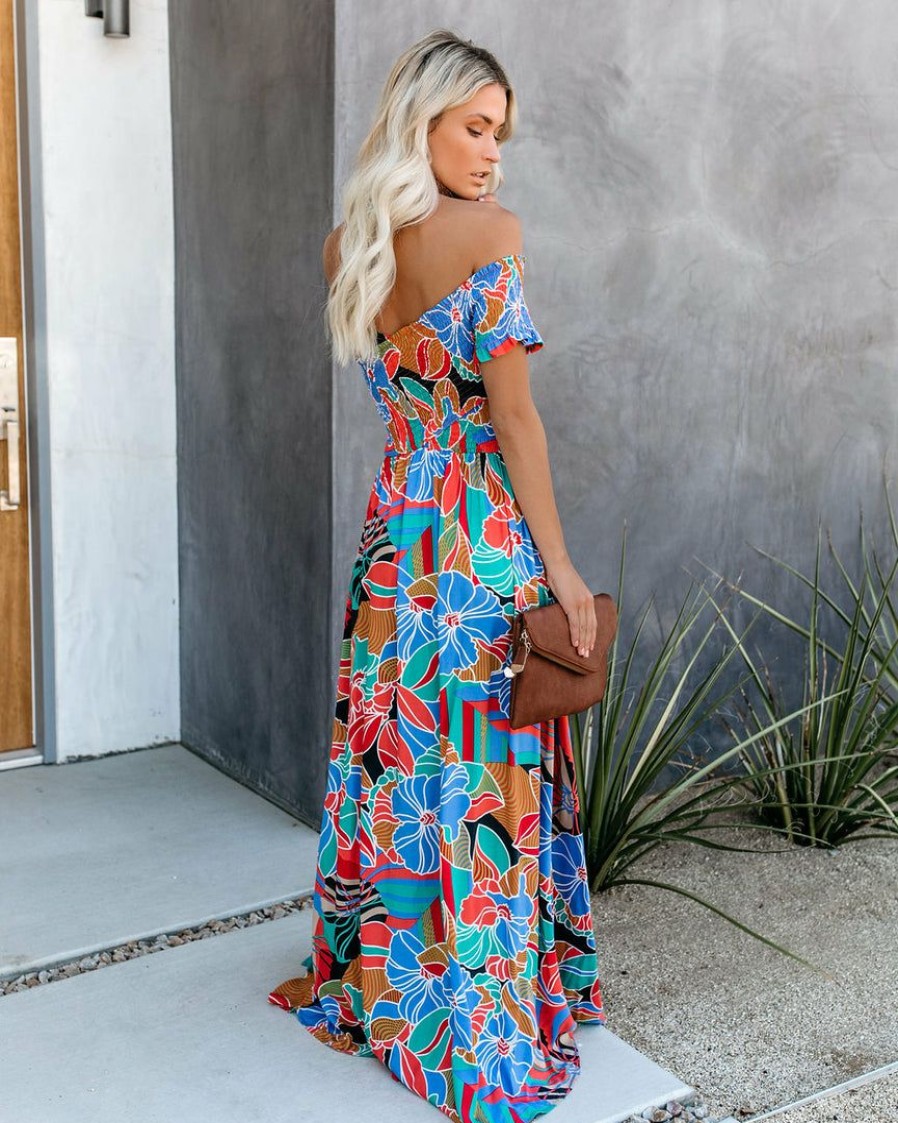 Clothing * | Aaka-001 Put It In Print Smocked Slit Maxi Dress