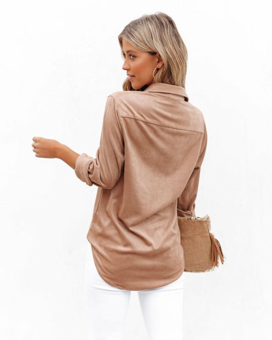 Clothing * | Oliv-001 Tops Jinnie Faux Suede Button Down Top Taupe Flash Sale