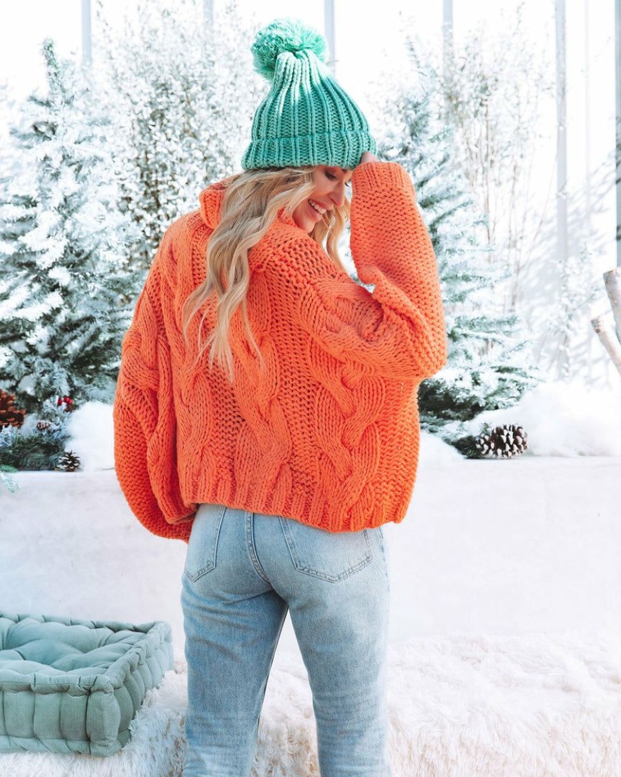 Clothing * | Pol-001 Cuddle Weather Cable Knit Handmade Turtleneck Orange Final Sale Sweaters