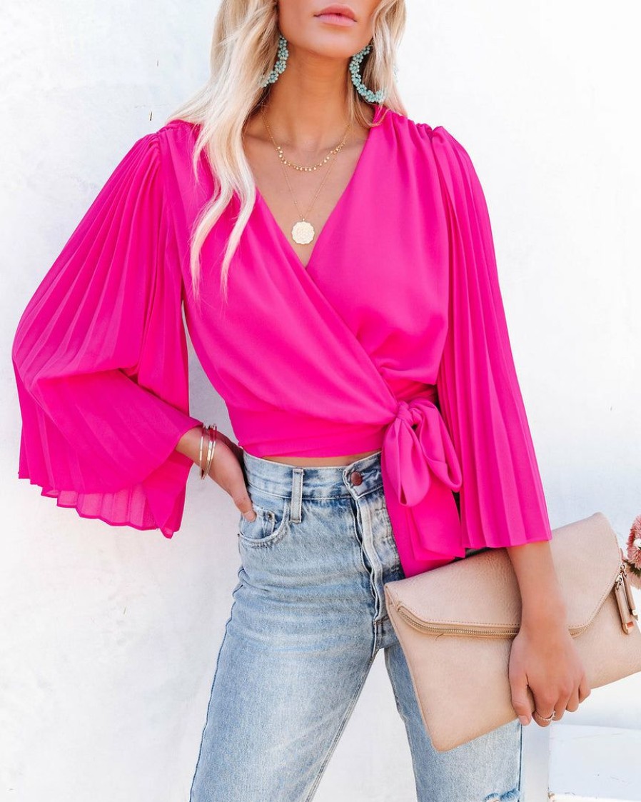 Clothing * | Salt-001 Tops Avani Pleated Sleeve Wrap Blouse Fuchsia Final Sale