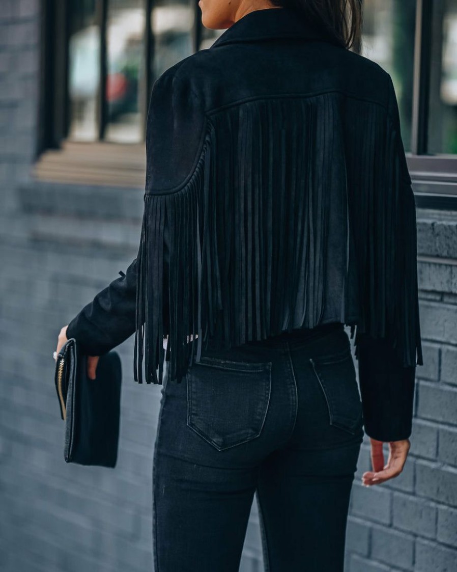 Clothing * | Flaw-001 Coats & Jackets Walford Cropped Fringe Faux Suede Jacket Black