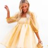 Clothing * | Mabl-001 Guest Of Wedding Lovers Puff Sleeve Tulle Babydoll Dress Yellow Final Sale