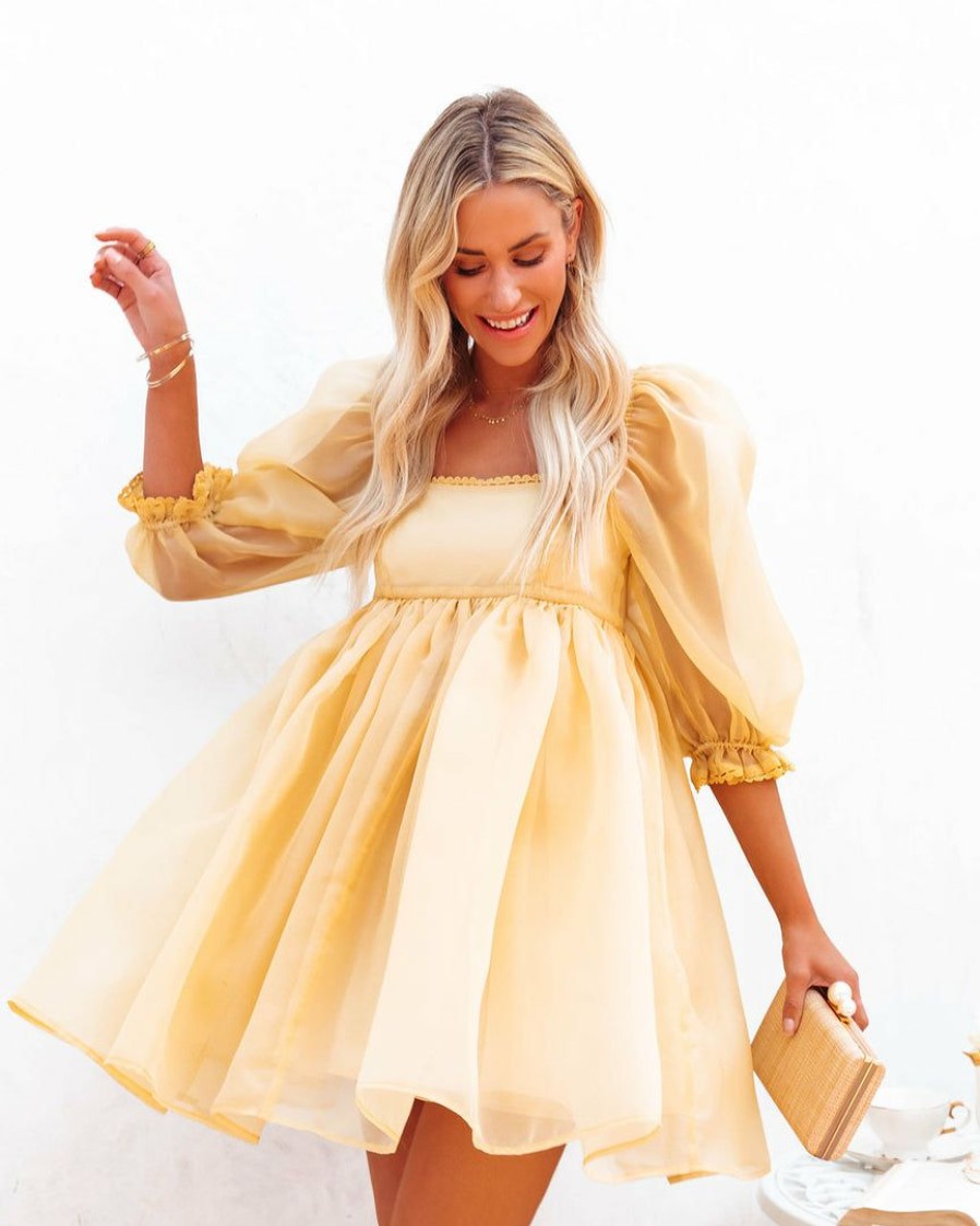 Clothing * | Mabl-001 Guest Of Wedding Lovers Puff Sleeve Tulle Babydoll Dress Yellow Final Sale