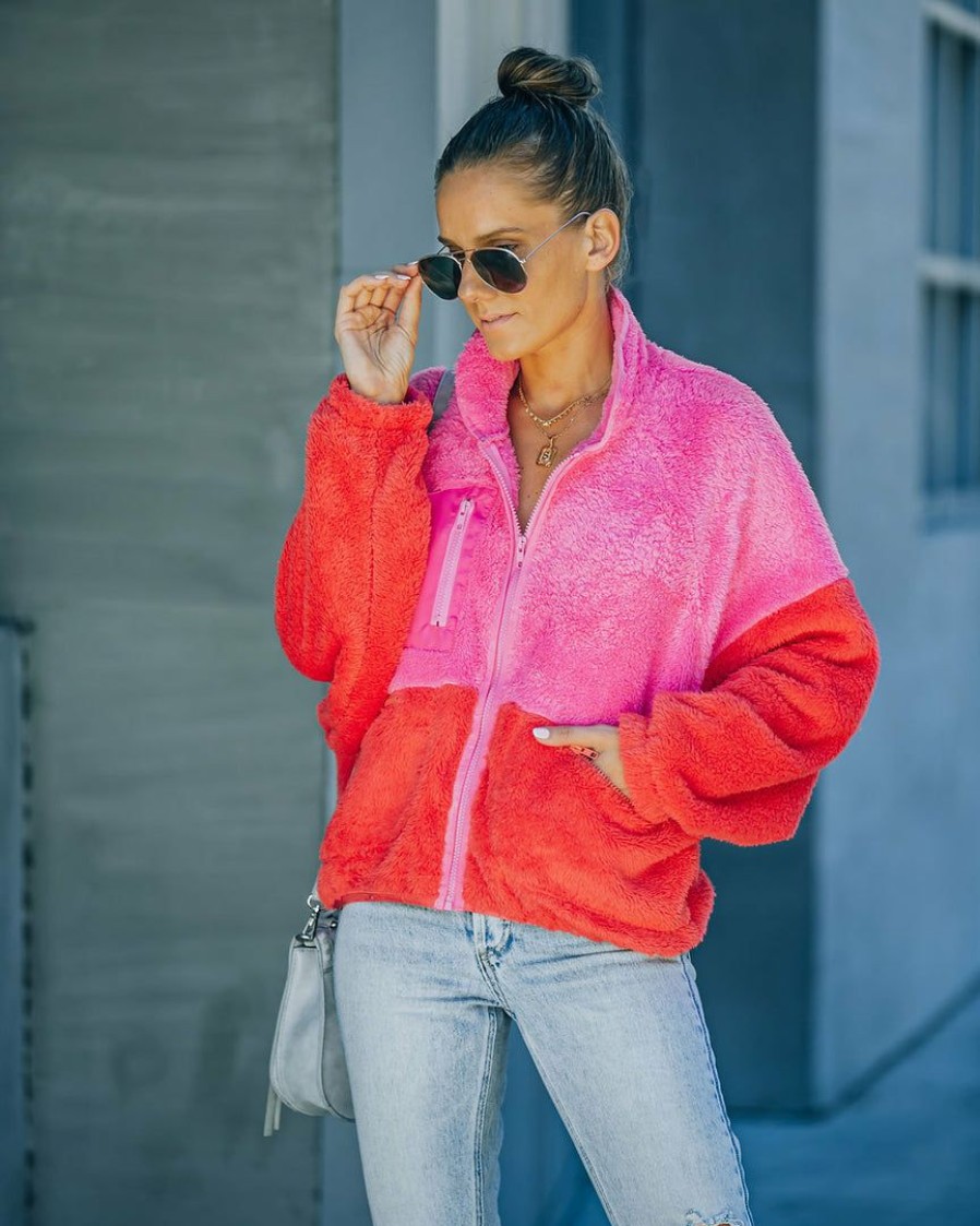 Clothing * | Dee-001 Nava Pocketed Colorblock Zip Up Jacket Pink Final Sale Coats & Jackets