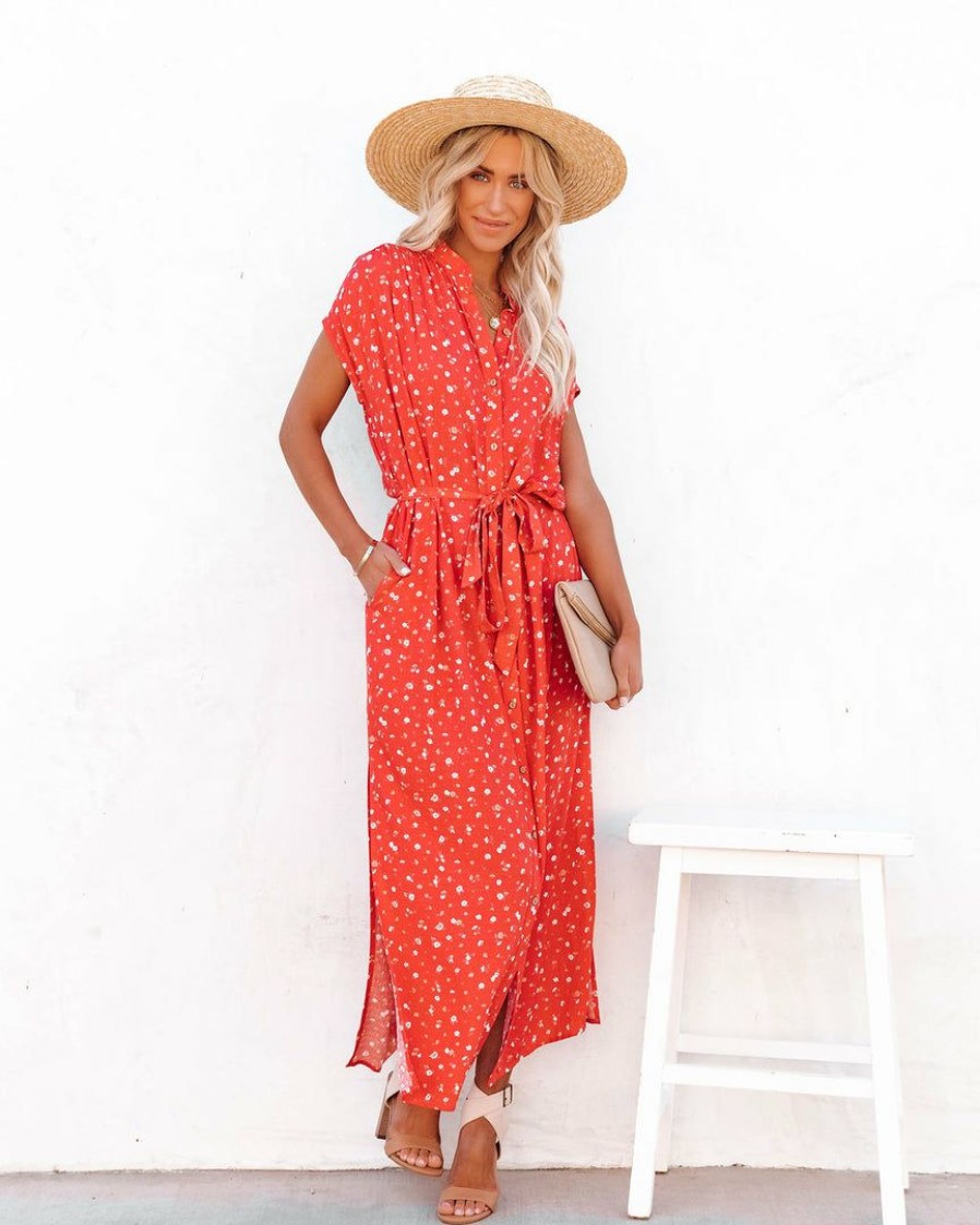 Clothing * | Sadi-001 Luiza Pocketed Floral Button Down Maxi Dress Red Final Sale