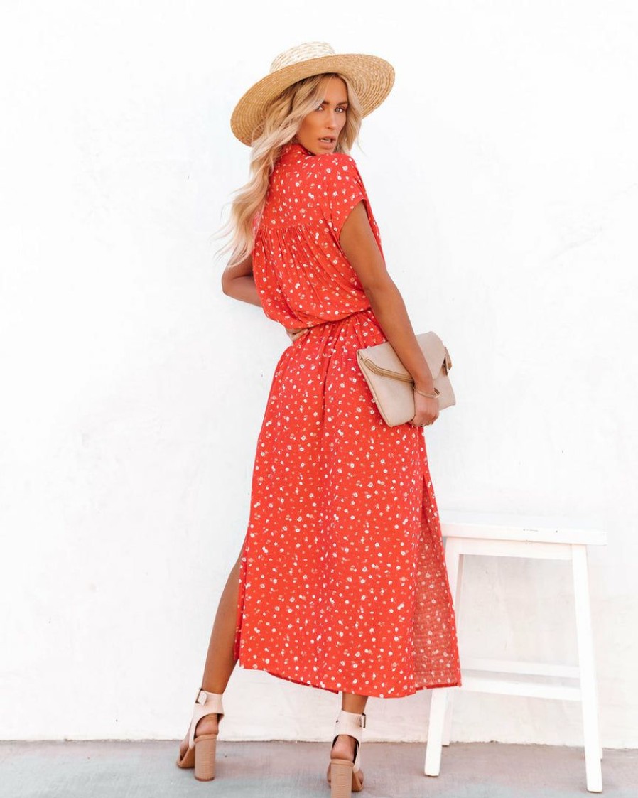 Clothing * | Sadi-001 Luiza Pocketed Floral Button Down Maxi Dress Red Final Sale