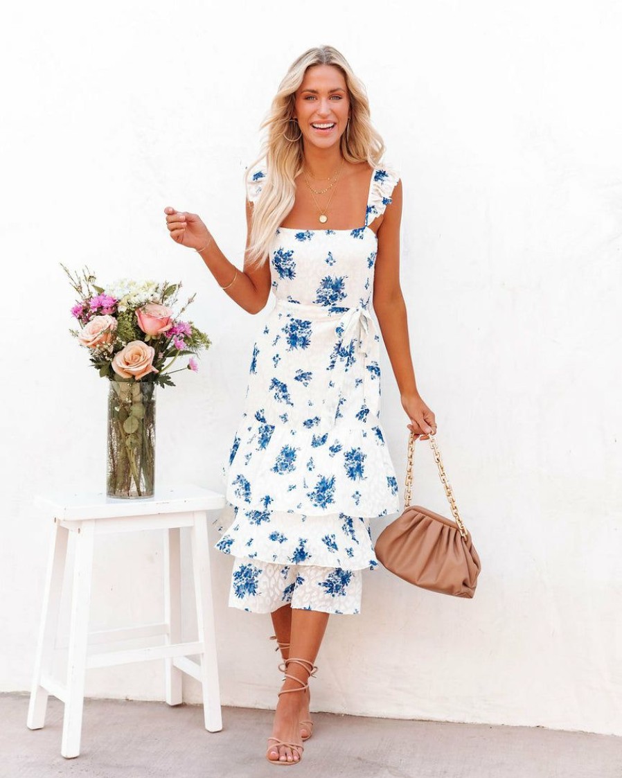 Clothing * | Suga-001 Special Event Leigha Textured Floral Tiered Midi Dress Ivory Blue Final Sale